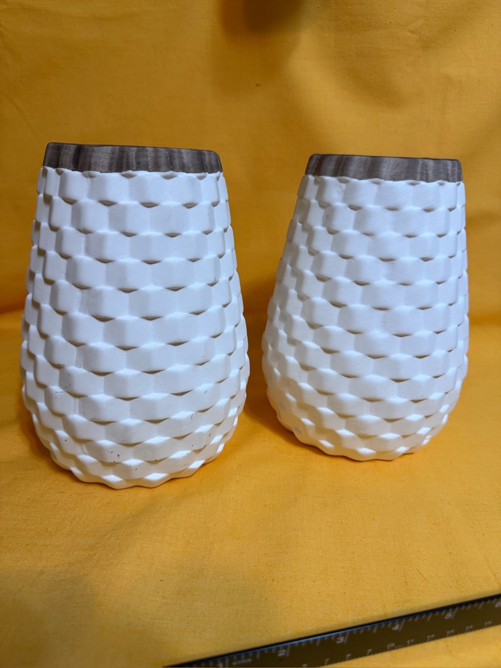 Set of 2, White Textured Ceramic Vase Set with gray Accent 9” tall